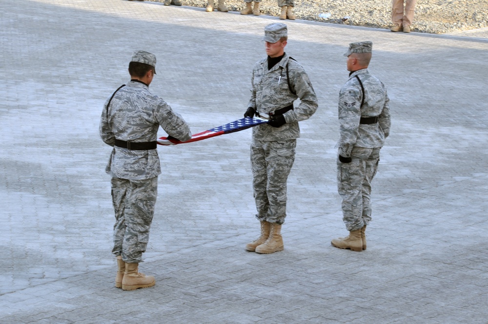 380th Air Expeditionary Wing Staff Airmen Lead Deployed Retreat Ceremony