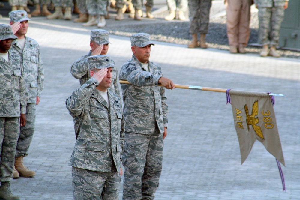 380th Air Expeditionary Wing Staff Airmen Lead Deployed Retreat Ceremony