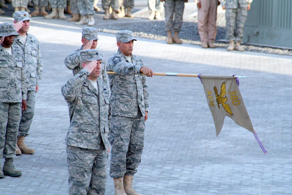 380th Air Expeditionary Wing Staff Airmen Lead Deployed Retreat Ceremony