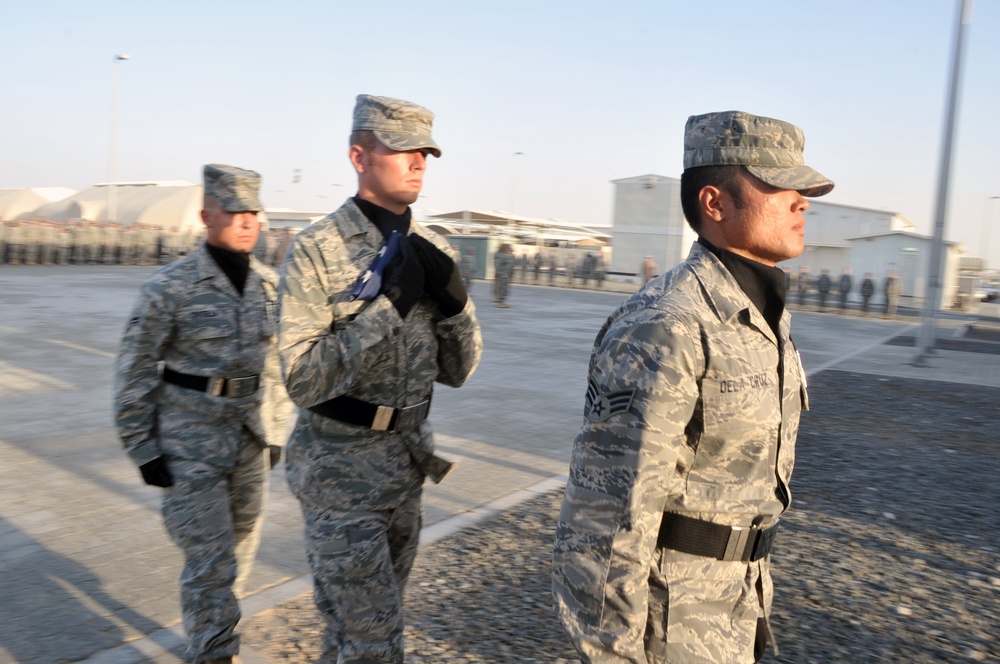 380th Air Expeditionary Wing Staff Airmen Lead Deployed Retreat Ceremony