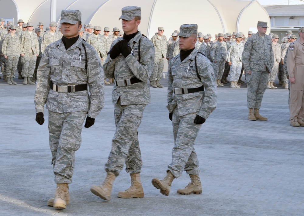 380th Air Expeditionary Wing Staff Airmen Lead Deployed Retreat Ceremony