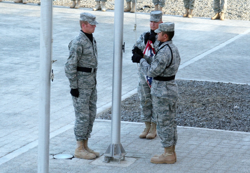 380th Air Expeditionary Wing Staff Airmen Lead Deployed Retreat Ceremony