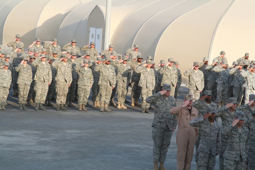 380th Air Expeditionary Wing Staff Airmen Lead Deployed Retreat Ceremony