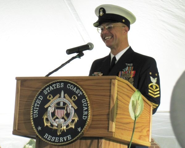 Master Chief Petty Officer of the Coast Guard Reserve Force Mark Allen Speaks at MCPO-CGRF Ceremony at TISCOM.