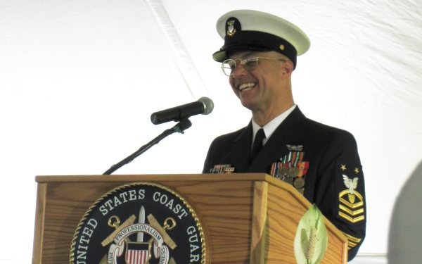 Master Chief Petty Officer of the Coast Guard Reserve Force Mark Allen Speaks at MCPO-CGRF Ceremony at TISCOM.