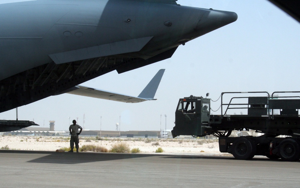 Air Transportation Airmen From the 380th Expeditionary Logistics Readiness Squadron's Air Terminal Operations Center Drives a 60,000-pound-capable Aircraft Loader to Unload a Plane During Operations for the 380th Air Expeditionary Wing at a Non-disclosed