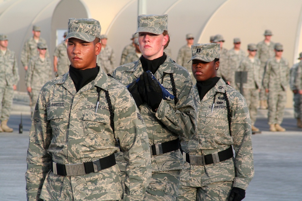 Deployed AWACS Airmen Lead Deployed Retreat Ceremony for 380th AEW