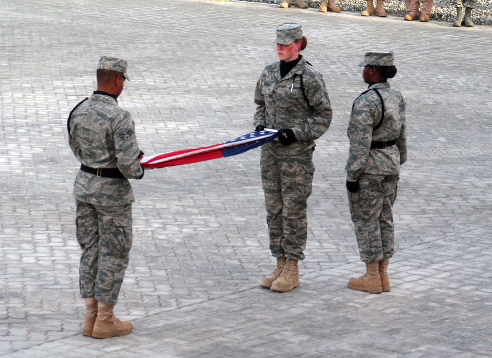 Deployed AWACS Airmen Lead Deployed Retreat Ceremony for 380th AEW