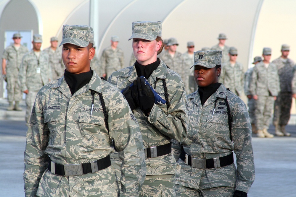 Deployed AWACS Airmen Lead Deployed Retreat Ceremony for 380th AEW