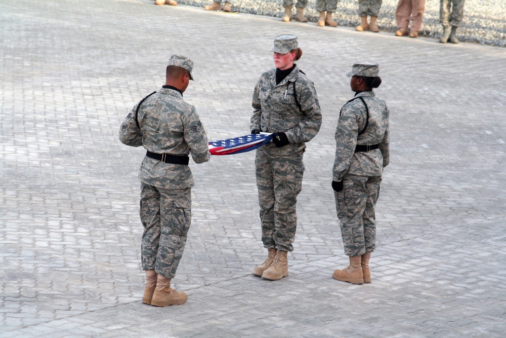 Deployed AWACS Airmen Lead Deployed Retreat Ceremony for 380th AEW