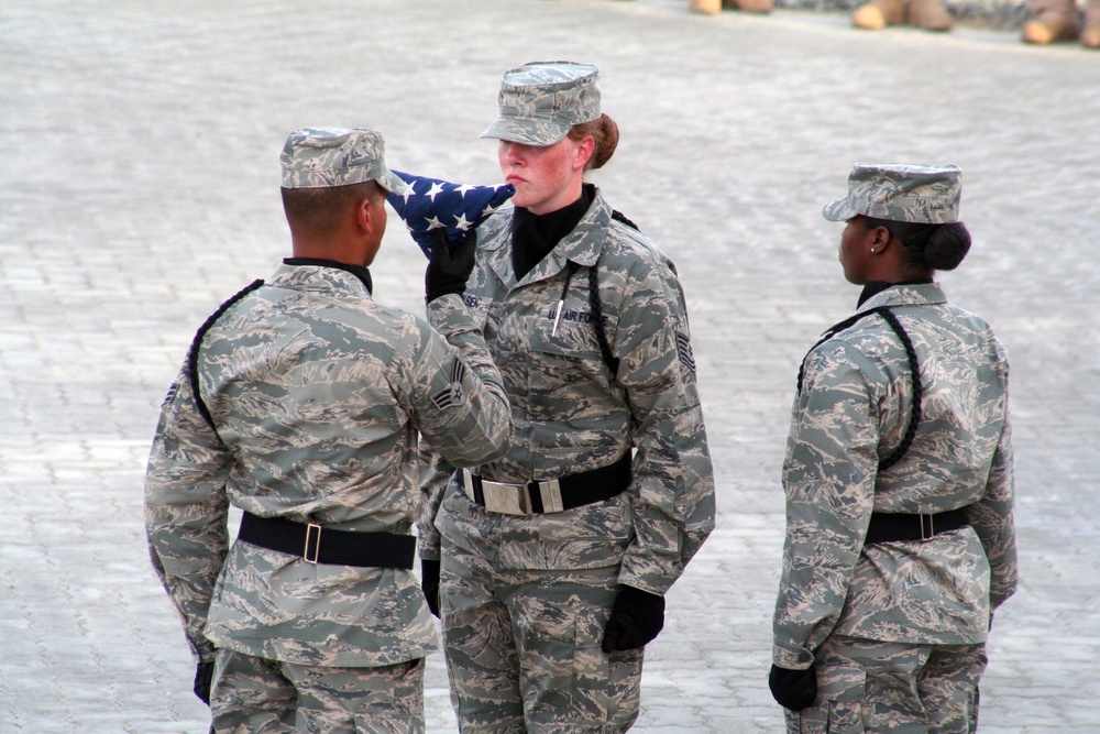 Deployed AWACS Airmen Lead Deployed Retreat Ceremony for 380th AEW