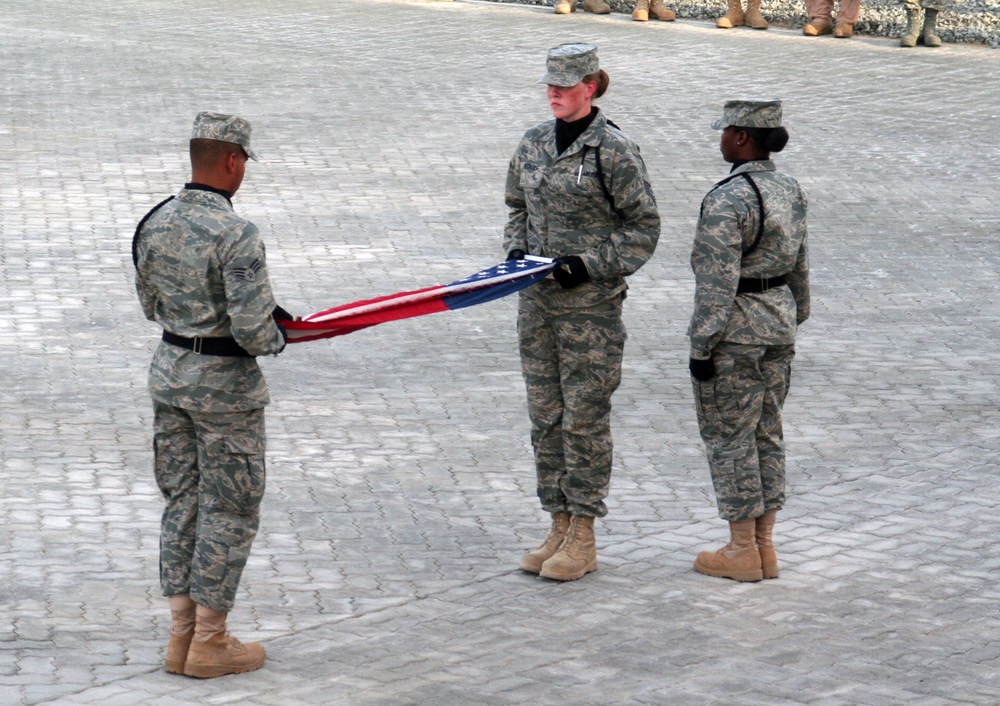 Deployed AWACS Airmen Lead Deployed Retreat Ceremony for 380th AEW