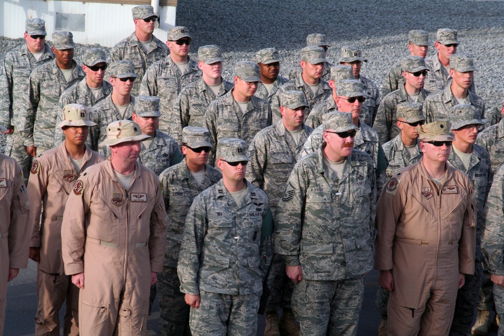 Deployed AWACS Airmen Lead Deployed Retreat Ceremony for 380th AEW