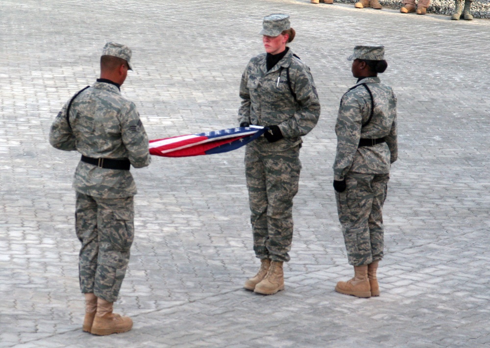 Deployed AWACS Airmen Lead Deployed Retreat Ceremony for 380th AEW