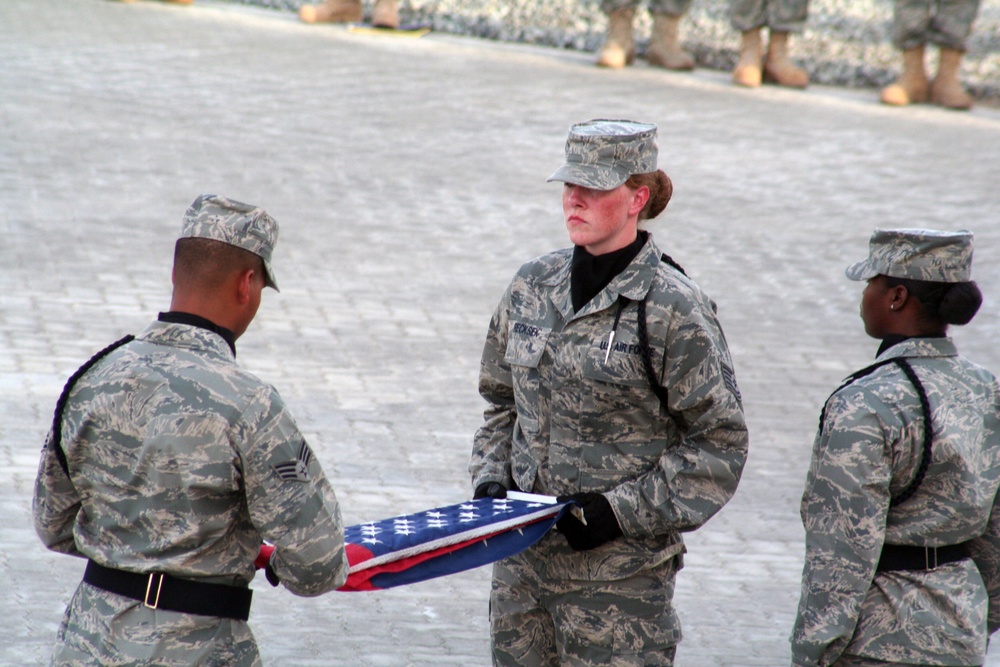 Deployed AWACS Airmen Lead Deployed Retreat Ceremony for 380th AEW