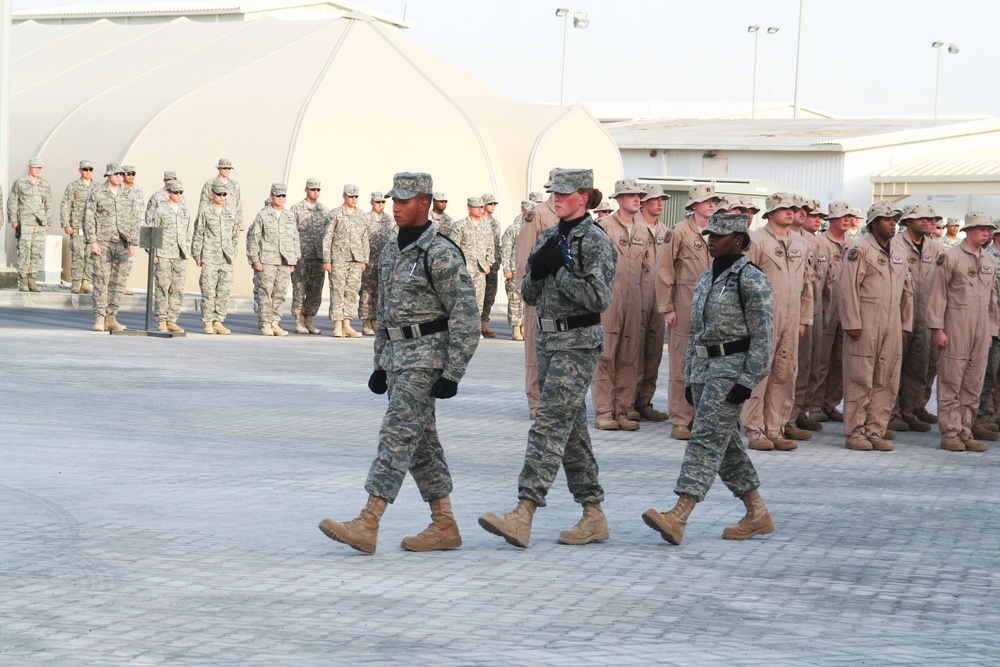 Deployed AWACS Airmen Lead Deployed Retreat Ceremony for 380th AEW