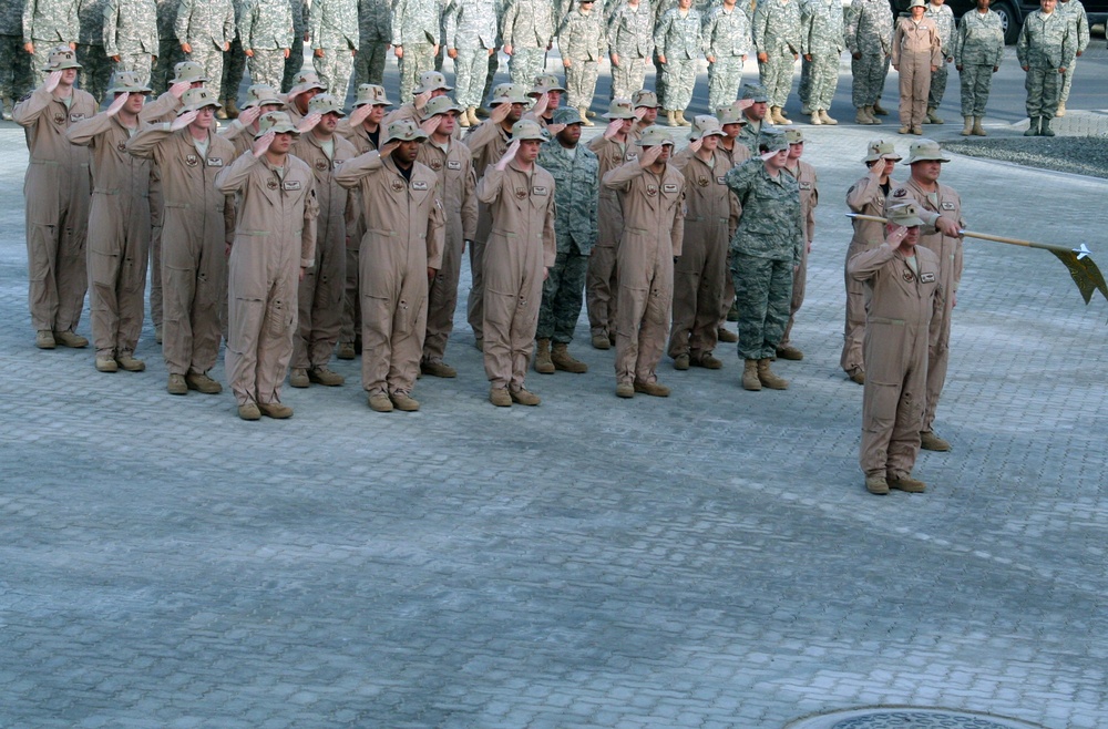 Deployed AWACS Airmen Lead Deployed Retreat Ceremony for 380th AEW