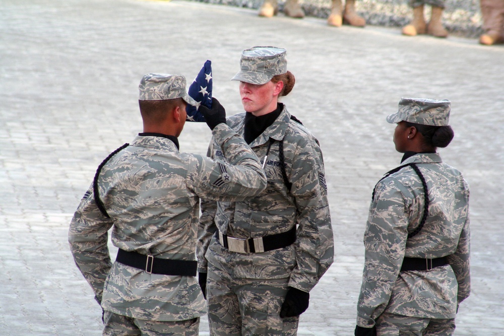 Deployed AWACS Airmen Lead Deployed Retreat Ceremony for 380th AEW