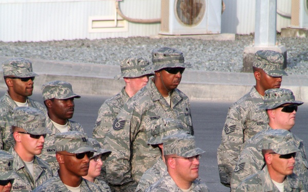 Deployed AWACS Airmen Lead Deployed Retreat Ceremony for 380th AEW