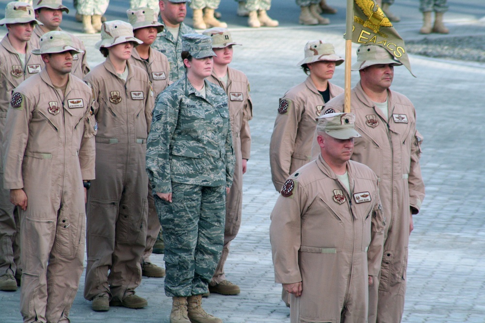 Deployed AWACS Airmen Lead Deployed Retreat Ceremony for 380th AEW