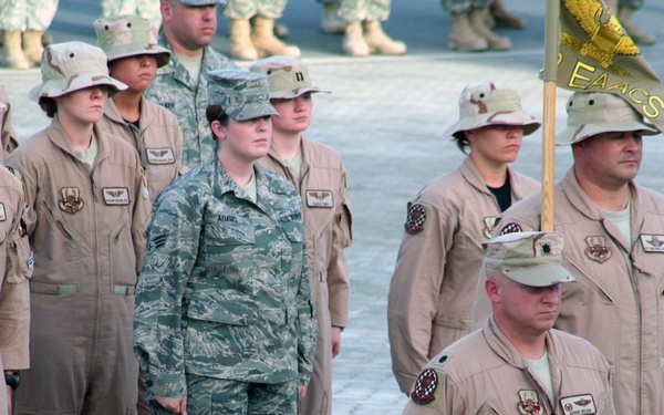 Deployed AWACS Airmen Lead Deployed Retreat Ceremony for 380th AEW