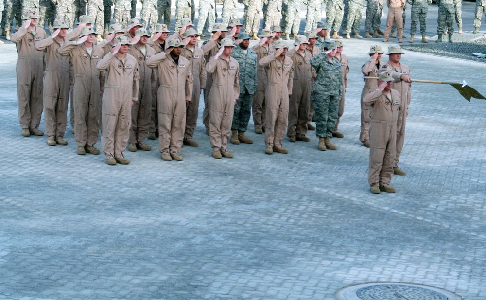 Deployed AWACS Airmen Lead Deployed Retreat Ceremony for 380th AEW