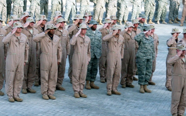 Deployed AWACS Airmen Lead Deployed Retreat Ceremony for 380th AEW