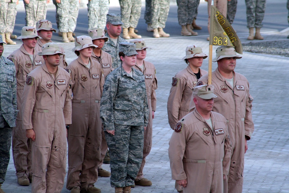 Deployed AWACS Airmen Lead Deployed Retreat Ceremony for 380th AEW