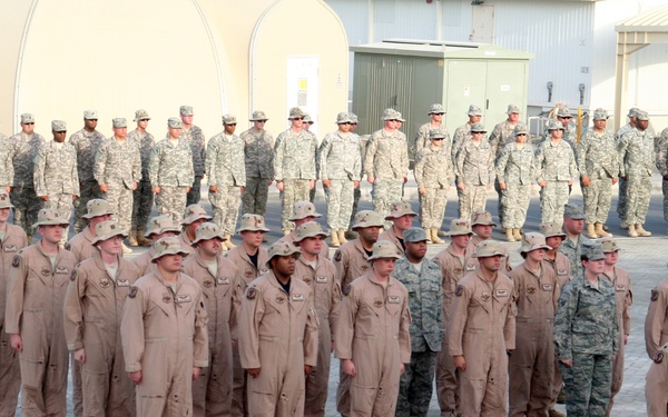 Deployed AWACS Airmen Lead Deployed Retreat Ceremony for 380th AEW
