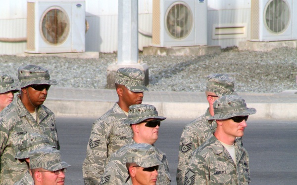 Deployed AWACS Airmen Lead Deployed Retreat Ceremony for 380th AEW