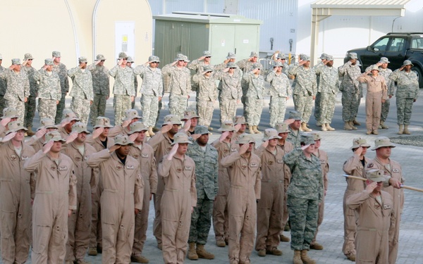 Deployed AWACS Airmen Lead Deployed Retreat Ceremony for 380th AEW