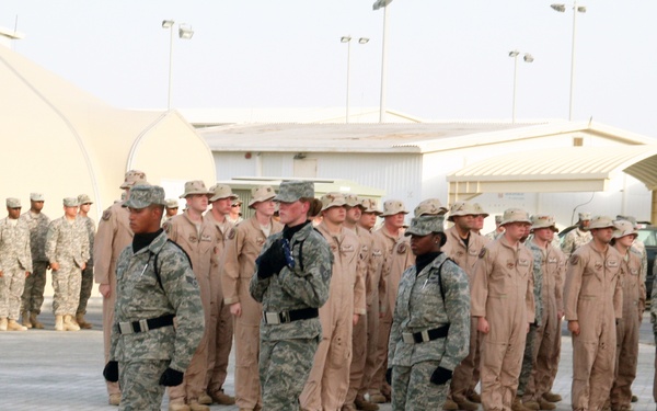Deployed AWACS Airmen Lead Deployed Retreat Ceremony for 380th AEW