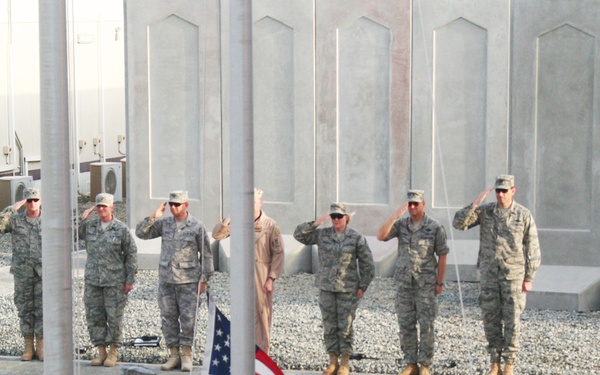 Deployed AWACS Airmen Lead Deployed Retreat Ceremony for 380th AEW