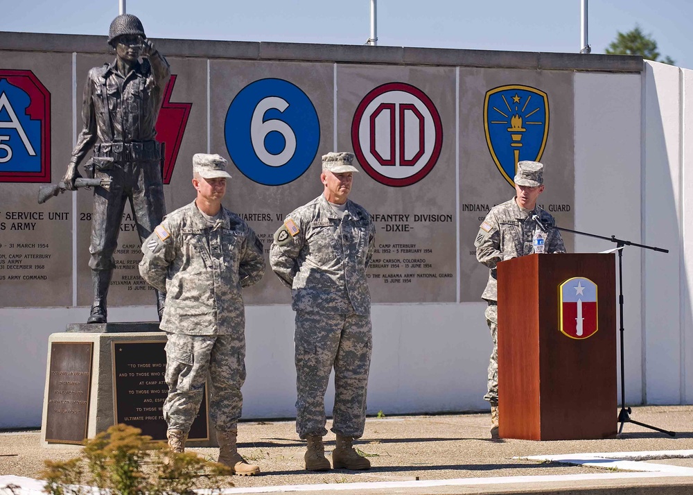 Col. Steven M. Merkel, brigade commander of the 205th Infantry Brigade, First Army Division East, thanks his soldiers for his last two years of command during the brigade's change-of-command ceremony held at the Veteran's Memorial, Camp Atterbury Joint Ma
