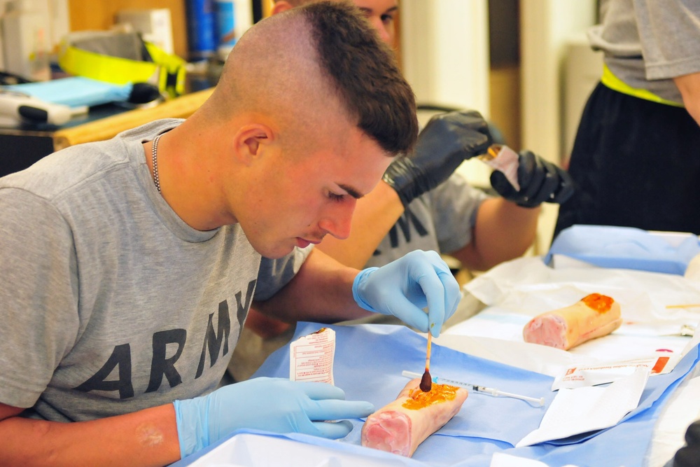 1st Armored Division medics practice suturing on pig's feet