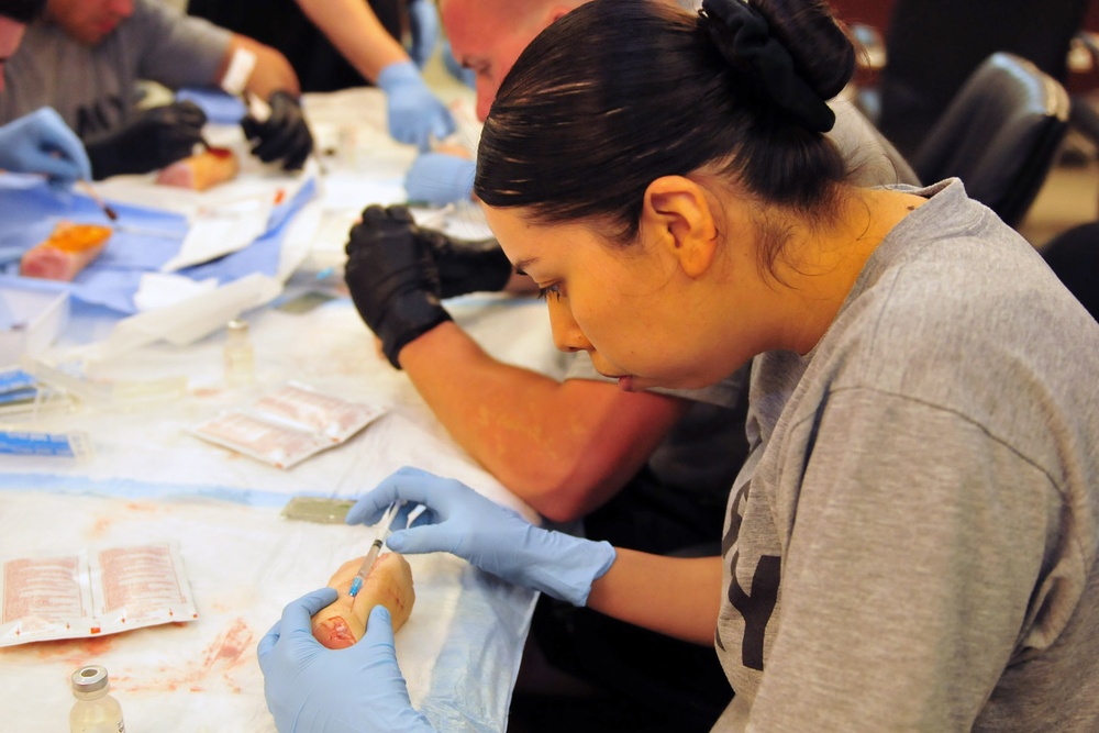 1st Armored Division medics practice suturing on pig's feet