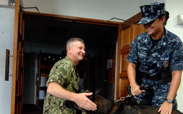Two U.S. Navy personnel in digital camouflage uniforms interact with a military police K-9 dog inside what appears to be a military base facility. One sailor is kneeling on the floor petting the German Shepherd, while the other stands holding the dog's leash. A poster for a '9/11 5K' event dated Saturday, September 11, 2010 is visible in the background.