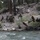 1/1 Marines Begin Exercise Mountain Warrior at Bridgeport Military personnel in camouflage uniforms are conducting a rope bridge or zip-line river crossing exercise over a fast-moving mountain river. One soldier is suspended mid-air on the rope system crossing the water while several others wait on the rocky riverbank. The setting appears to be a mountainous forested training area with pine trees and rocky terrain.