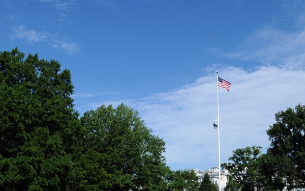 A formal military ceremony is taking place on a well-manicured lawn, likely at a U.S. Navy installation or government grounds. Personnel in tan/khaki Navy uniforms are arranged in formation on the left, while officers stand to the right, with a speaker at a podium on a raised platform. An American flag flies atop a tall flagpole in the background, with a white institutional building visible behind the trees.