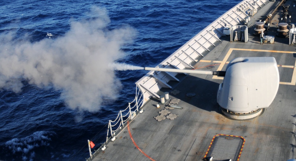 USS Gettysburg fires weapons