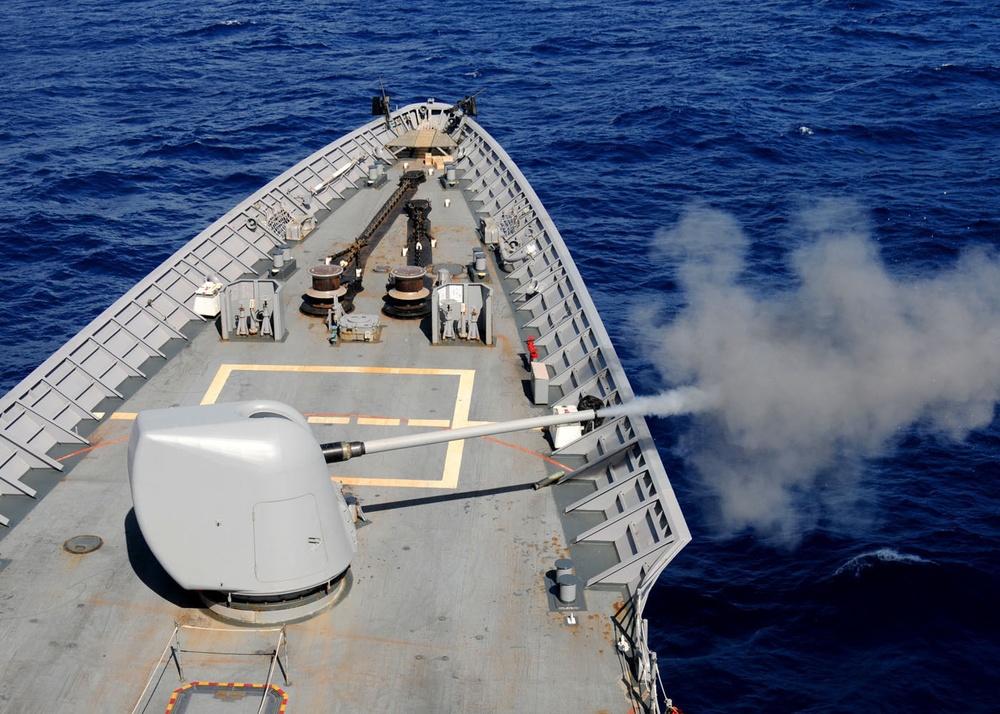 USS Gettysburg fires weapons