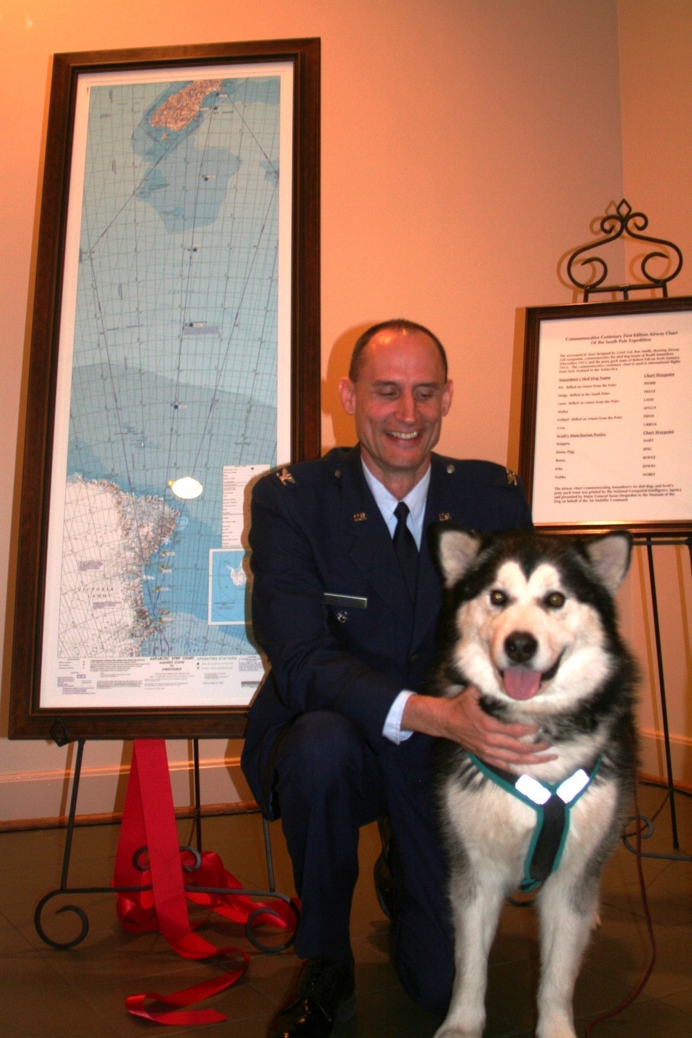 Antarctic airway chart -- designed by past Operation Deep Freeze commander -- presented to Saint Louis dog museum