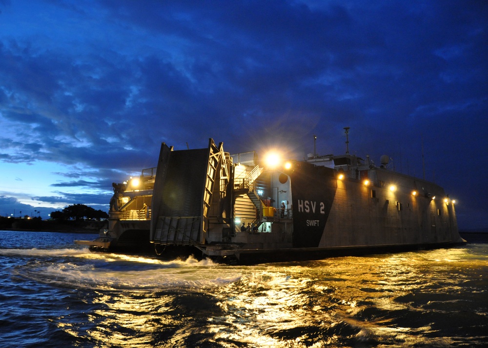 High Speed Vessel Swift pulls into Naval Station Guantanamo Bay, Cuba.