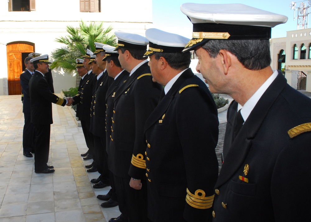 Vice Adm. Harry B. Harris Jr., commander of the U.S. 6th Fleet, greets Tunisian sailors before meeting with the Tunisian chief of naval operations during his visit to Tunisia for a Veterans Day wreath-laying ceremony honoring American veterans at the Nort