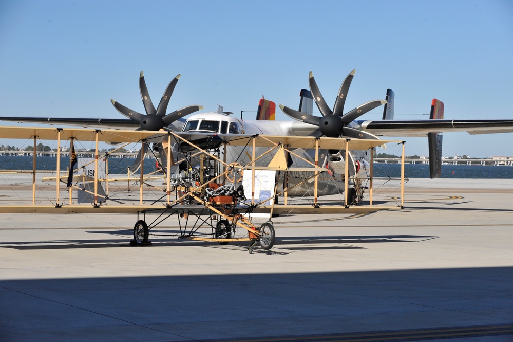 Replica Curtis bi-plane conducts a flyover celebrating 100 years of Naval Aviation