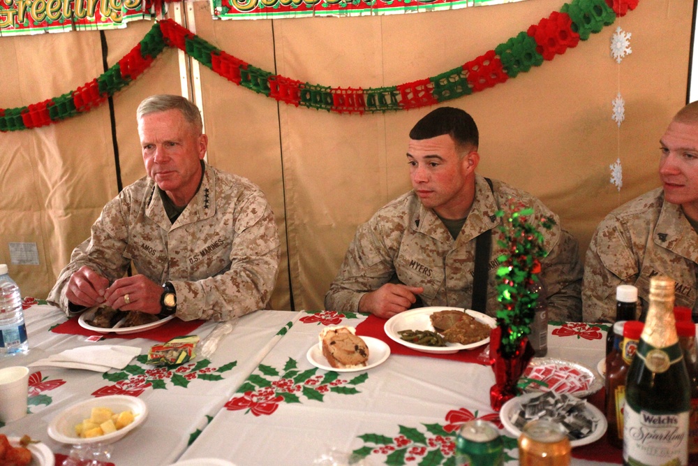 Commandant, sergeant major of the Marine Corps shares Christmas meal with Marines, sailors of RCT-2