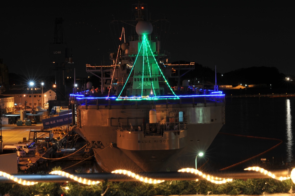 USS Blue Ridge lit for Christmas