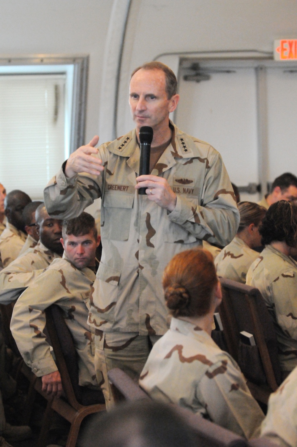 Vice Chief of Naval Operations Adm. Jonathan W. Greenert speaks with Sailors from Joint Task Force (JTF) Guantanamo