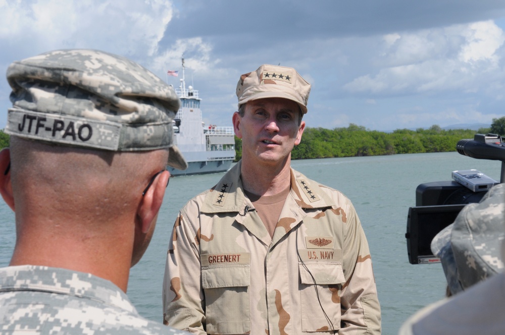 Vice Chief of Naval Operations Adm. Jonathan W. Greenert is interviewed by a Joint Task Force Public Affairs official