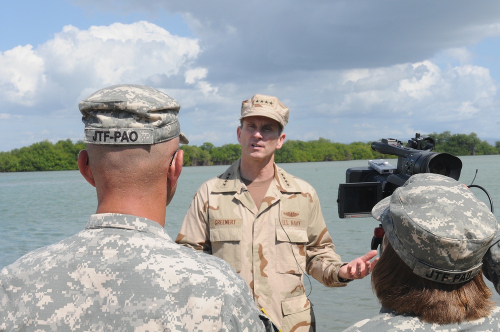 Vice Chief of Naval Operations Adm. Jonathan W. Greenert is interviewed by Joint Task Force Public Affairs officials